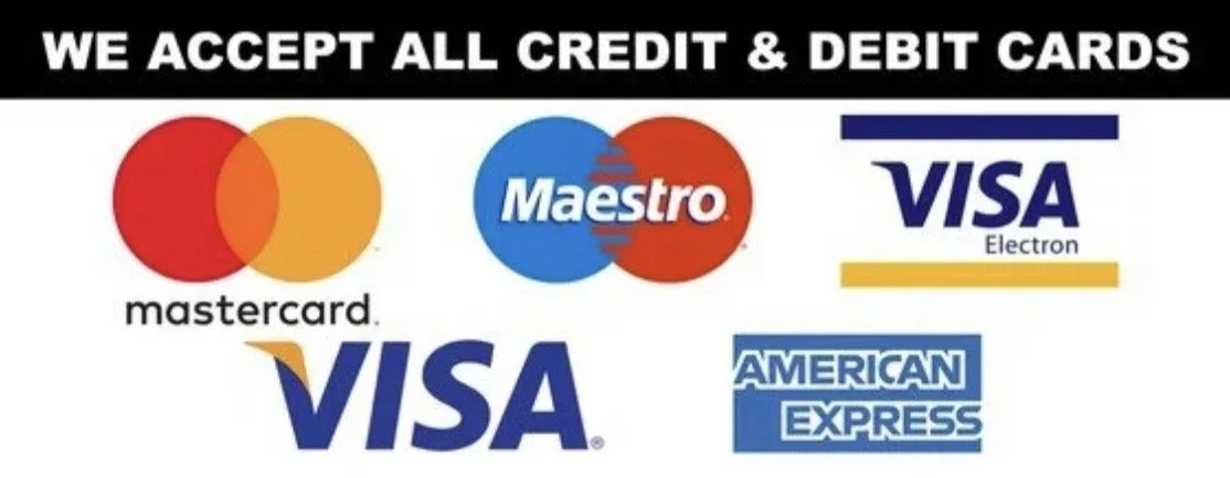 Sign indicating acceptance of all credit and debit cards, showing logos of Mastercard, Maestro, Visa Electron, Visa, and American Express.