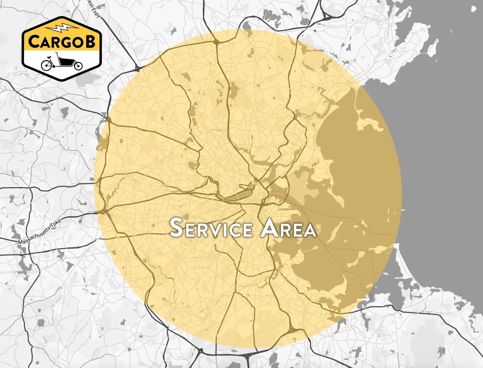Map showing the service area for CARGOB, with a yellow circle covering the city and surrounding regions, including roads and water bodies.
