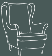 Line drawing of an armchair with high back and curved armrests.