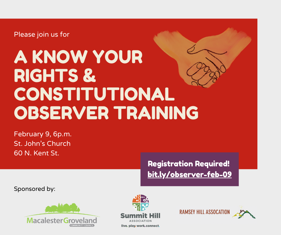A know your rights and constitutional observer training. February 9, 6pm. St John's Church. 60 N. Kent St. Registration required!