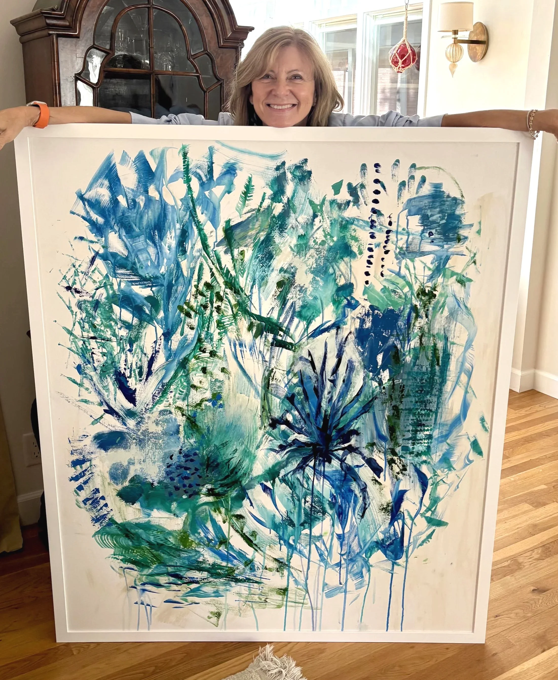 "Alive in Spirit" Acrylic on canvas, framed. (46"x54") This intuitive explosion of teal, indigo, and emerald poured out of me as I painted to the rhythm and soul of Jon Batiste’s music. when you view  this composition, I hope you feel the same sponta