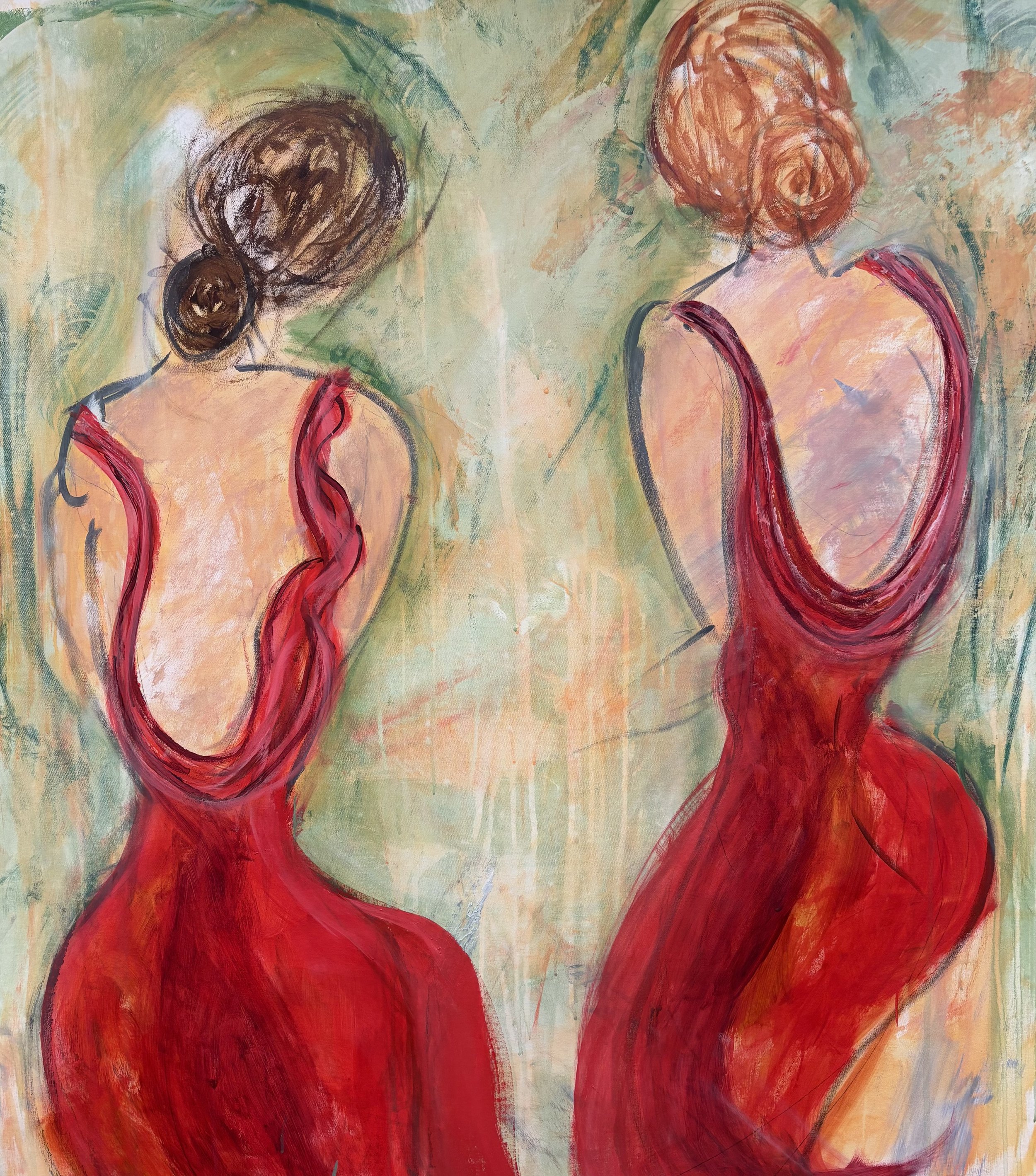 "A Moment"  Acrylic on Canvas. Painted in  New Orleans to the music of Jon Batisse. This painting honors the importance of those special moments with girl friends ...the secrets we share , the moments that make life better.   