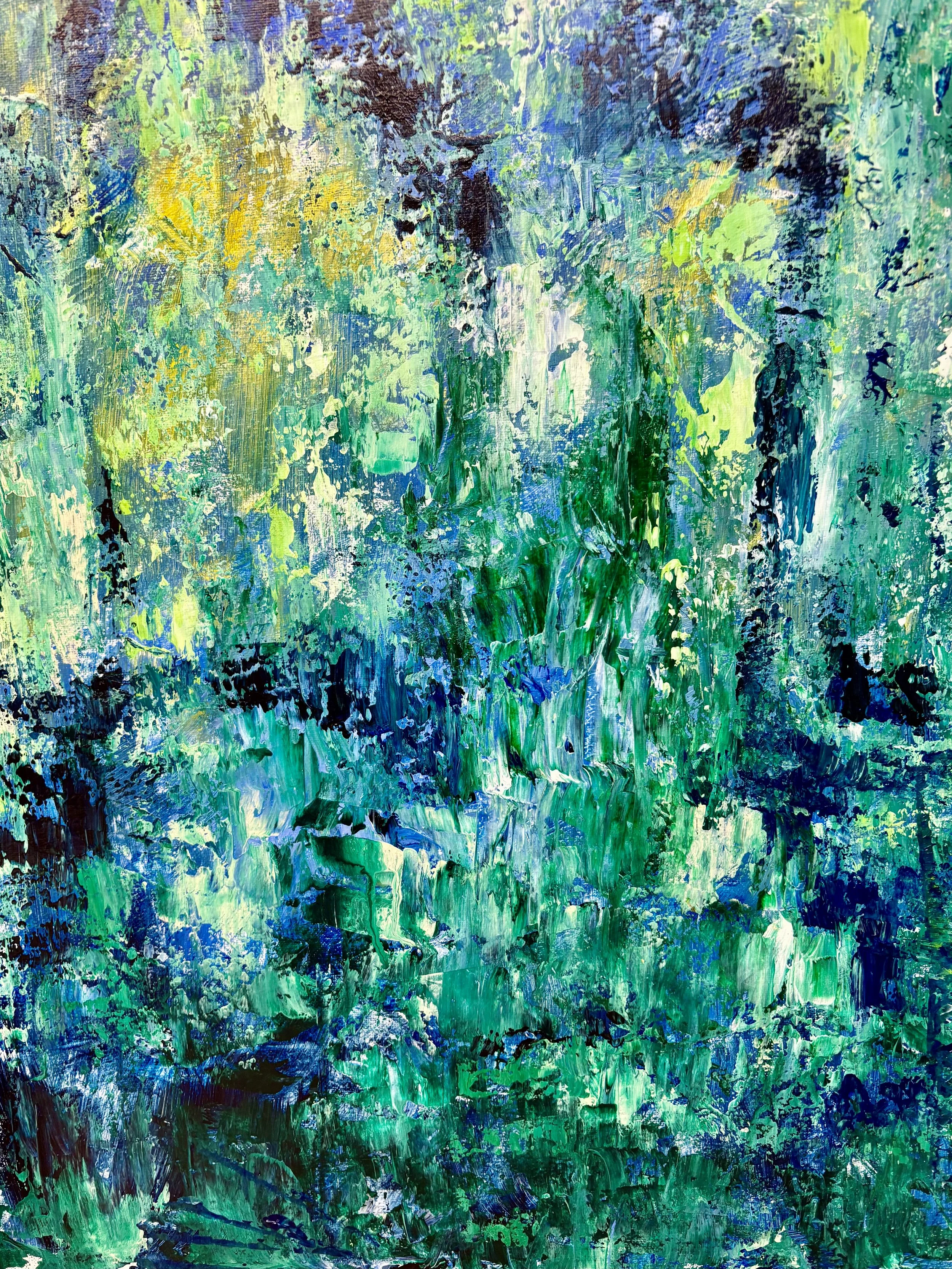 "River Deep , Mountain High©", Acrylic on Canvas - (16" x24").$900 , painted to the song of the same title in Tahoe, where  the mountains and lake blur into one and dreams take root in color.