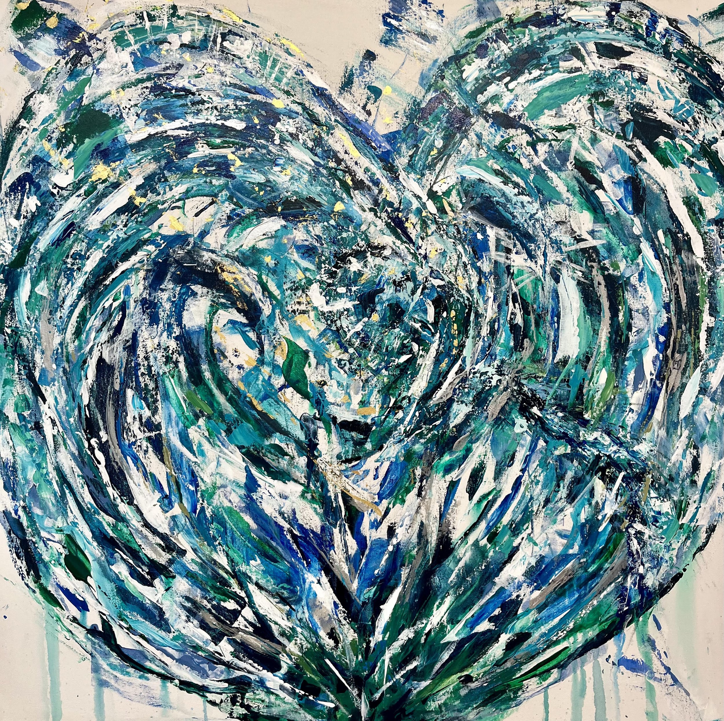 "Waves of Emotion" ©- Acrylic on Canvas (36"x36"). Painted to the music of Adele & James Bond movie themes.
Donated to, The Shuman HeartHouse , a refuge for homeless single women and families with children. The colors of the heart represent- hope, p