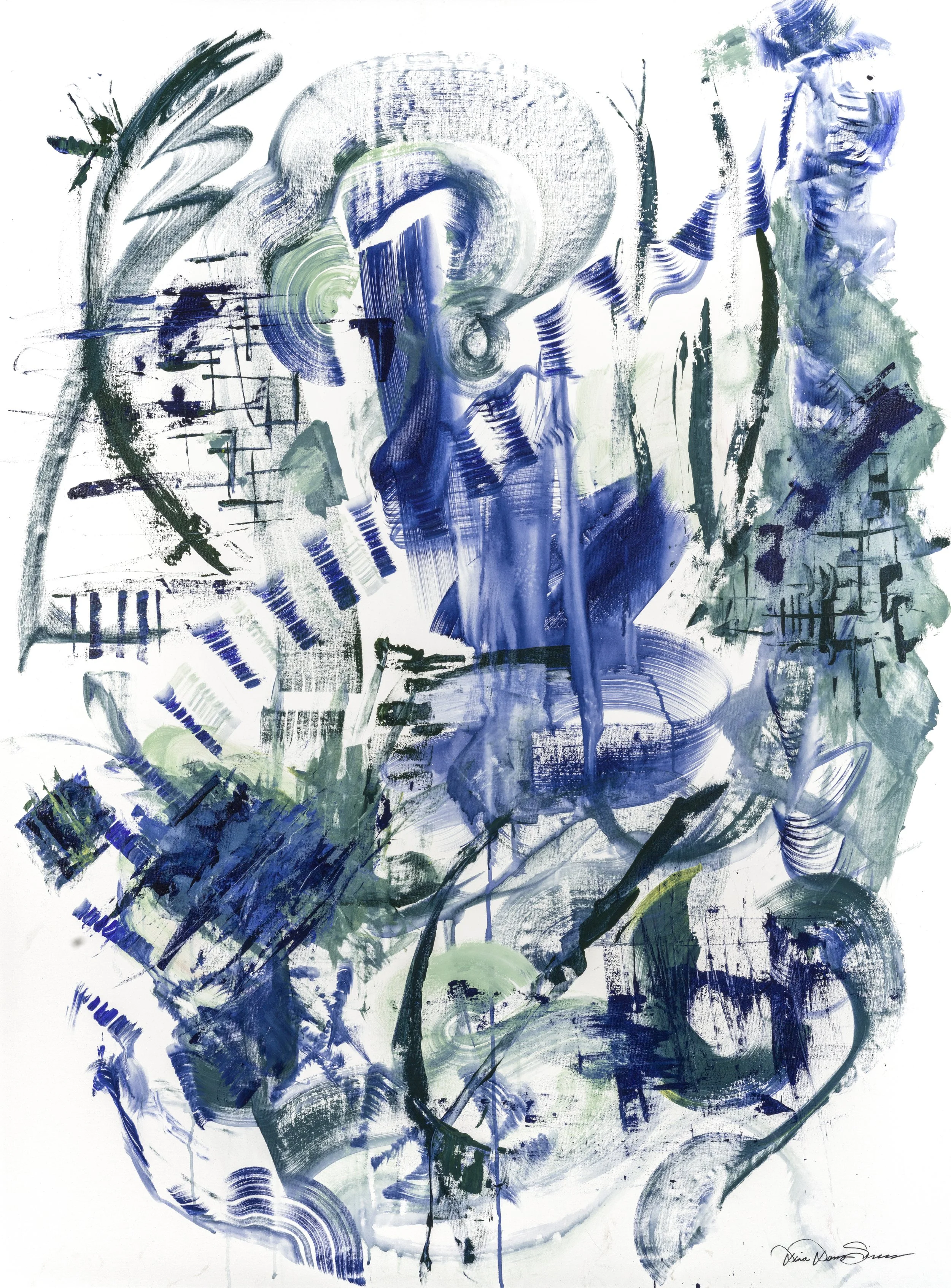 Freedom" Acylic on canvas, framed  (45"x 60").$5,500.  A full on dance between me & the canvas. every mark a response ,every stroke a lyric ,Feeling alive in the moment..everytime I look at this piece I hear Jon Batiste singing , "Freedom, Freedom an