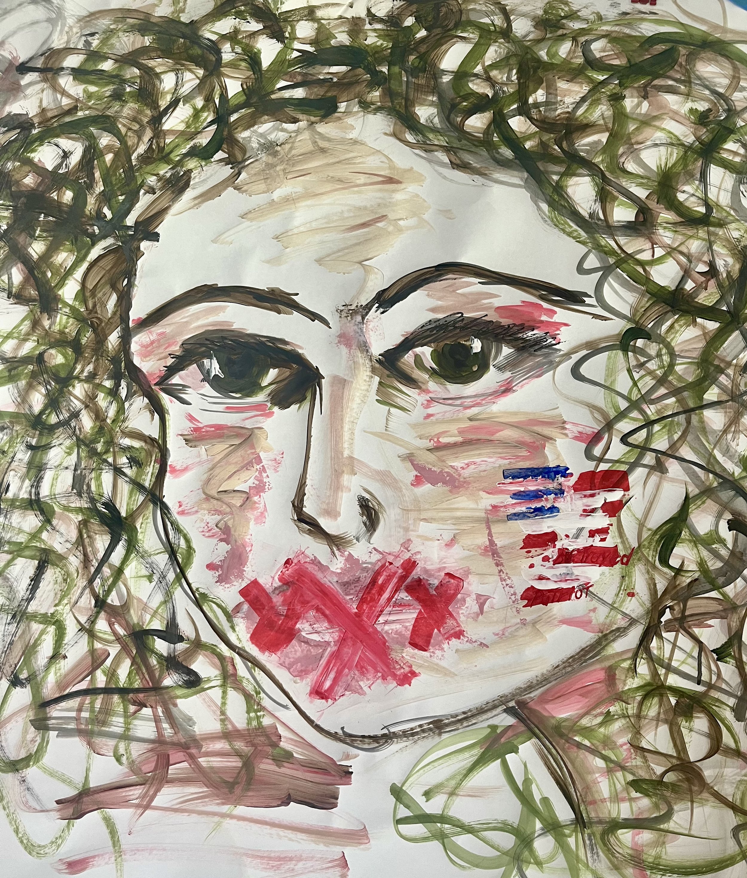 "Betrayed Patriot" ©(38 x38 ) , Acrylic on Paper, painted to the music of Aretha Franklin's, "Freedom" and Marvin Gaye's , "Whats going on"