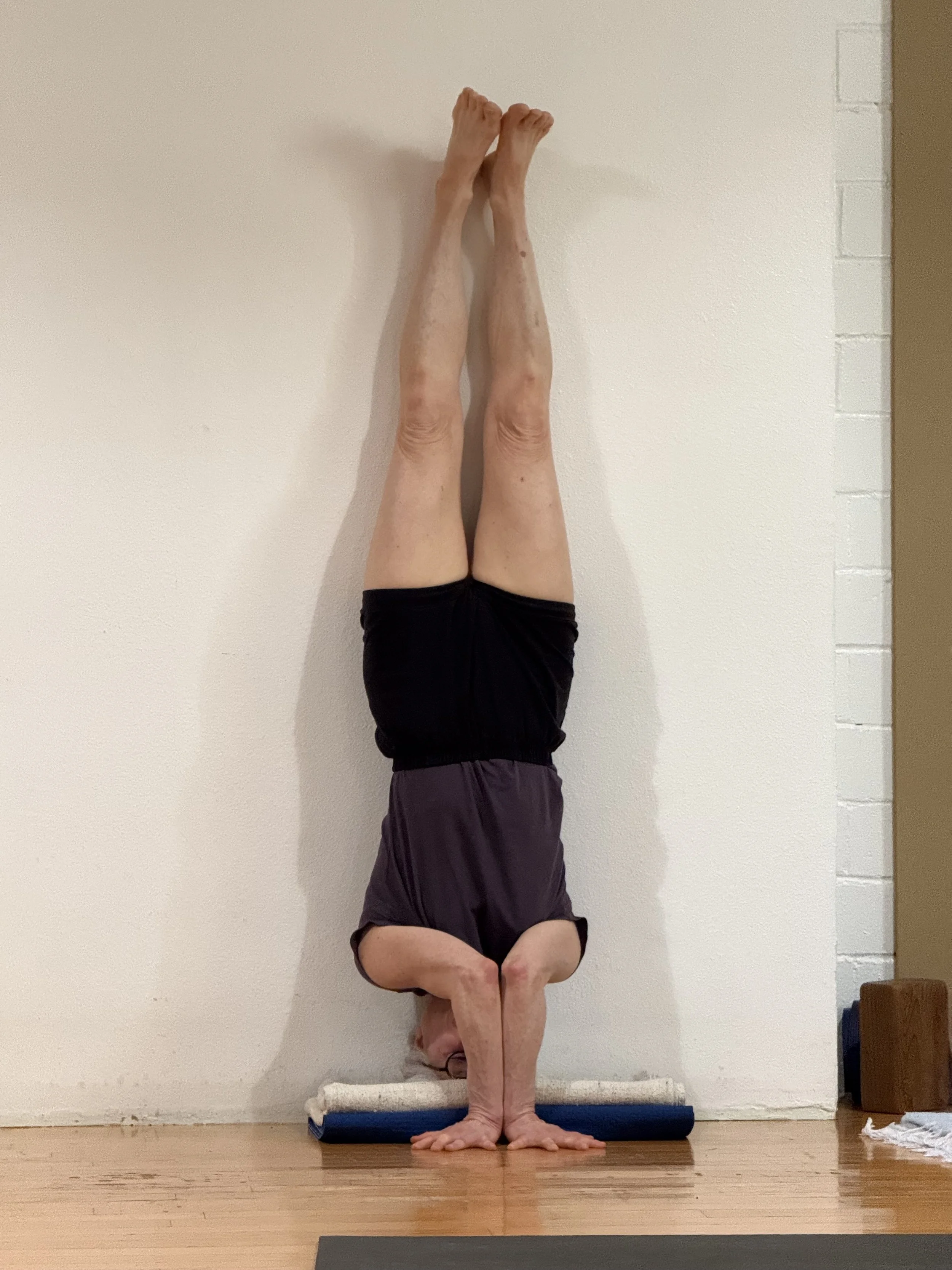A person practicing a headstand yoga pose against a white wall with a half folded blanket the long way, beneath their head.