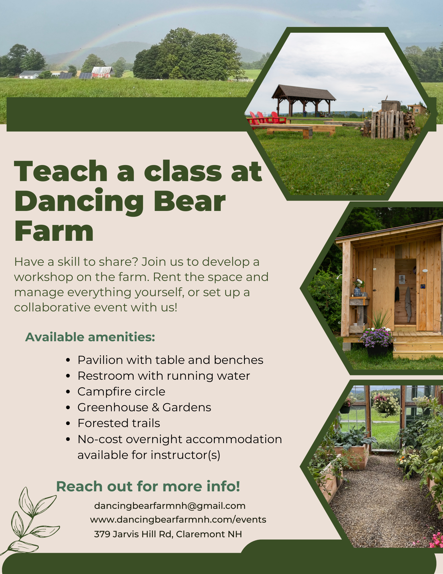 Flyer for a class at Dancing Bear Farm with images of the farm landscape, a pavilion, a greenhouse, and a farm trail