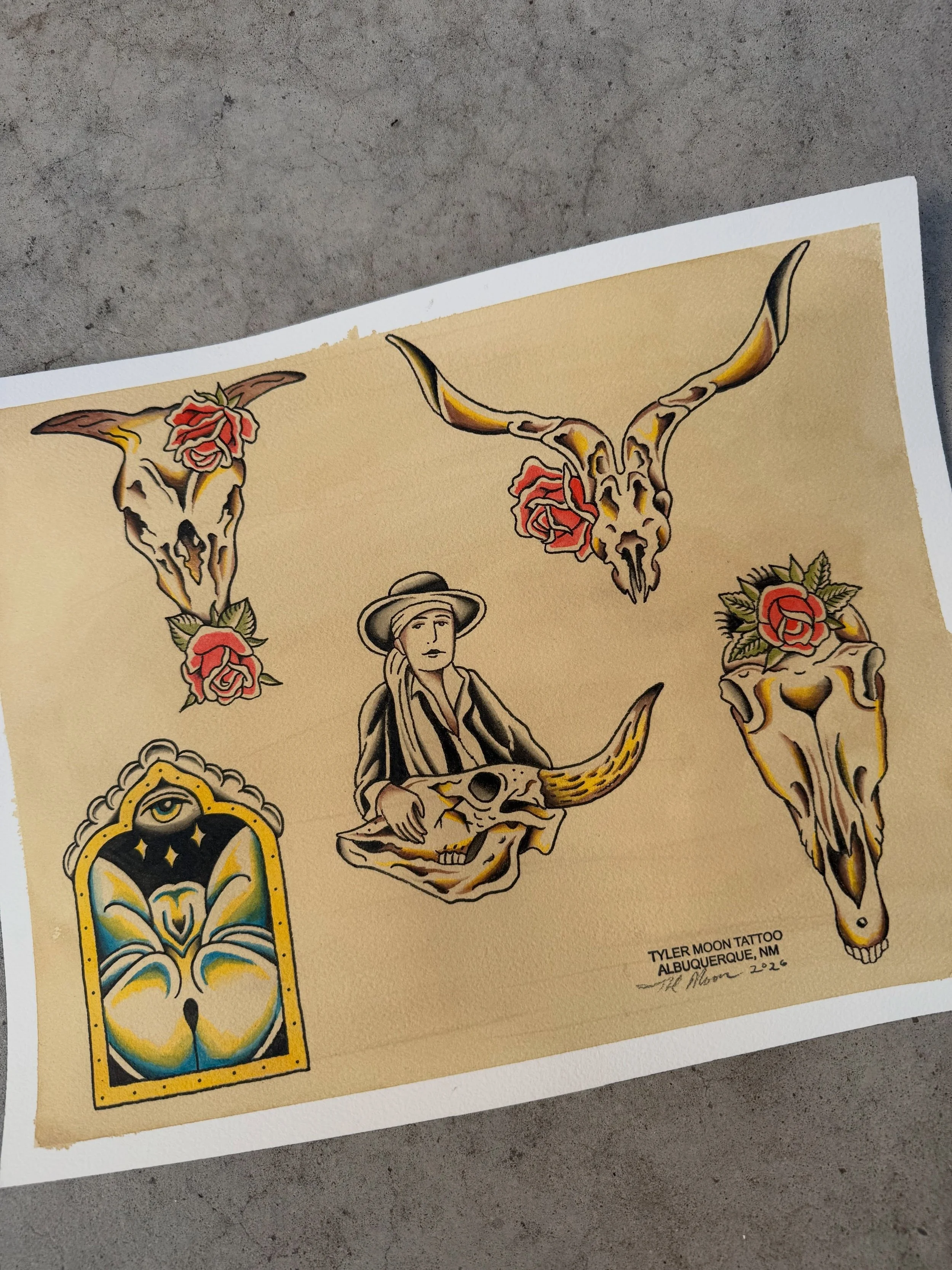 Georgia O&rsquo;Keeffe inspired flash available to be tattooed. 
O&rsquo;Keeffe&rsquo;s journey as an artist was a huge part of me moving to the desert and New Mexico specifically. I&rsquo;m honored to make some traditional tattoo interpretations of 