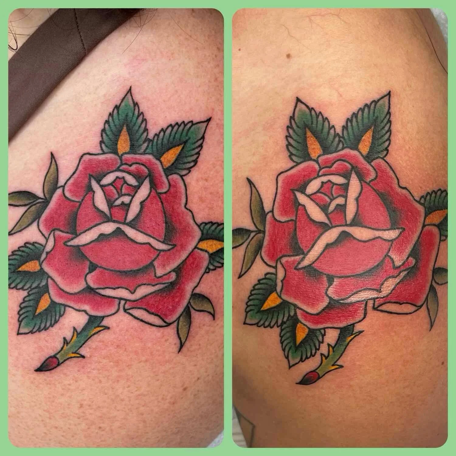 I spent a lovely day in the company of these two sisters who got matching rose tattoos on the tops of their shoulders. Thank you both. I love tattooing!