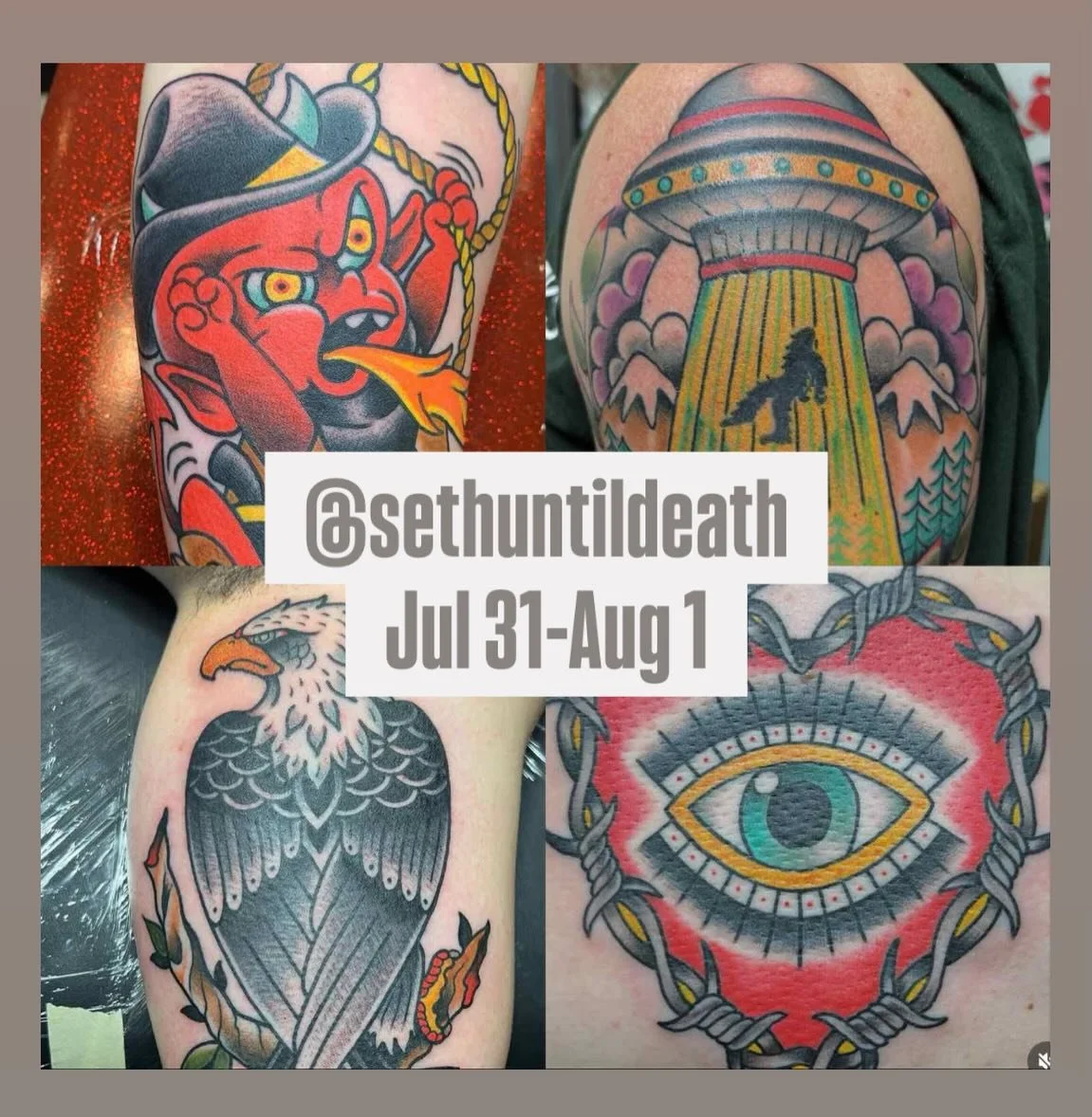 We are pleased to host the delightful and talented @sethuntildeath at the shop for the next couple days! We can accommodate some walk-ins this weekend as well so just waaaalk on in and get some flash or custom tattoos!