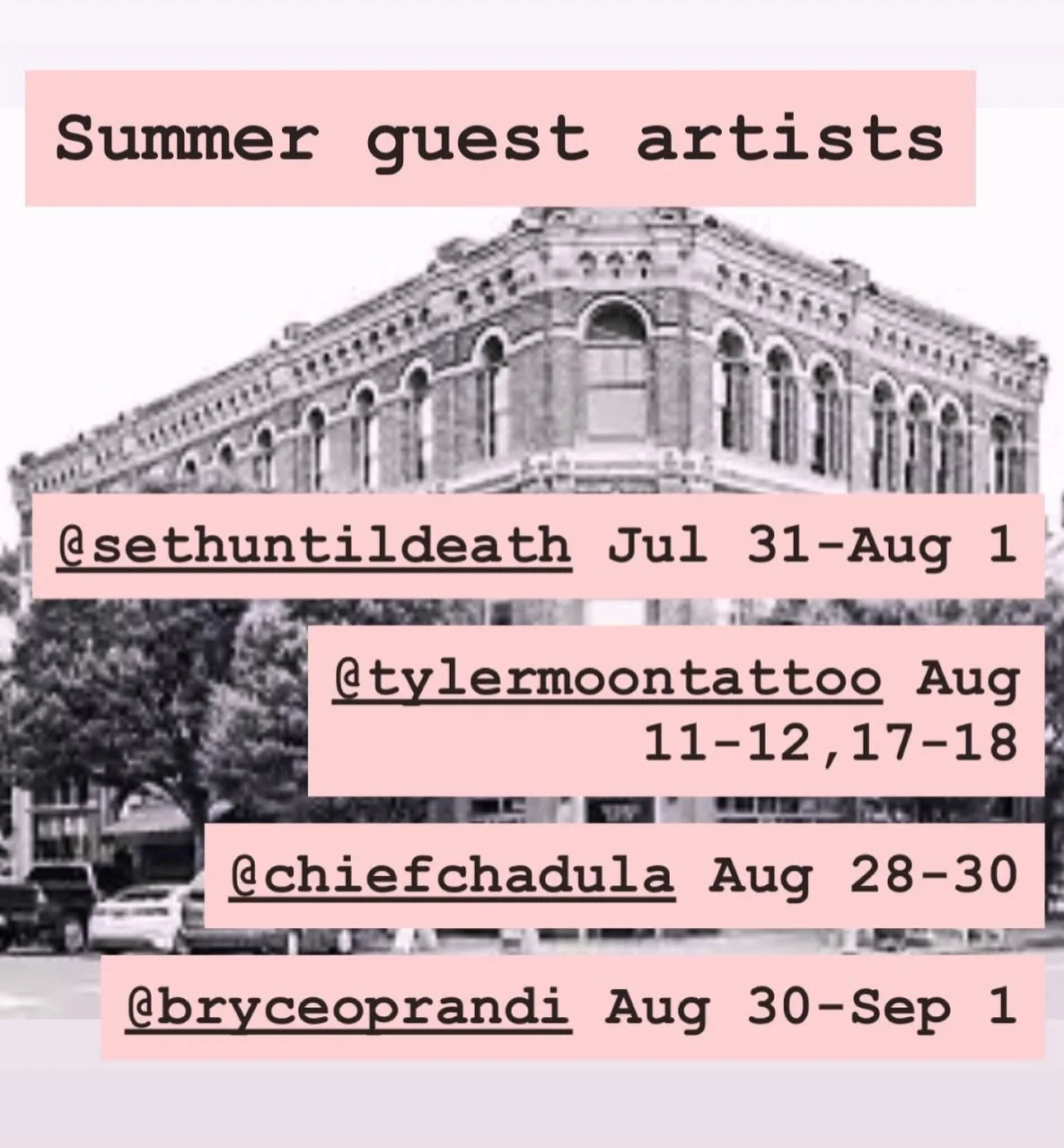 We&rsquo;ve got another killer lineup of guest tattooers over the next couple months! We are soooo excited to see all our friends. Dm artists directly and get in where you fit in! 

@sethuntildeath Jul 31-Aug 1
@tylermoontattoo Aug 11-12, 17-18
@chie