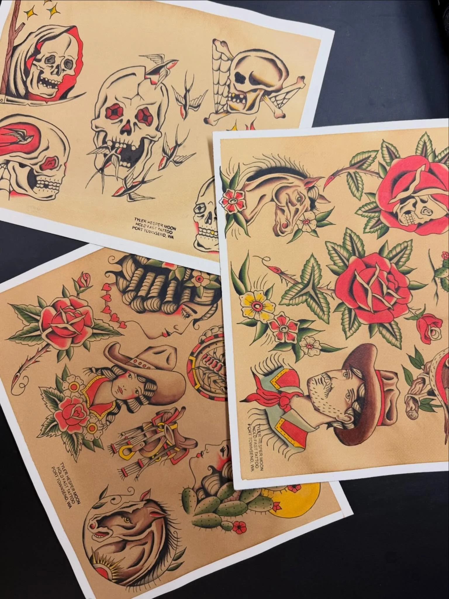 Mr. Tyler Moon, always painting. Here&rsquo;s some fresh @tylermoontattoo flash, ready to be worn out the door ❤️