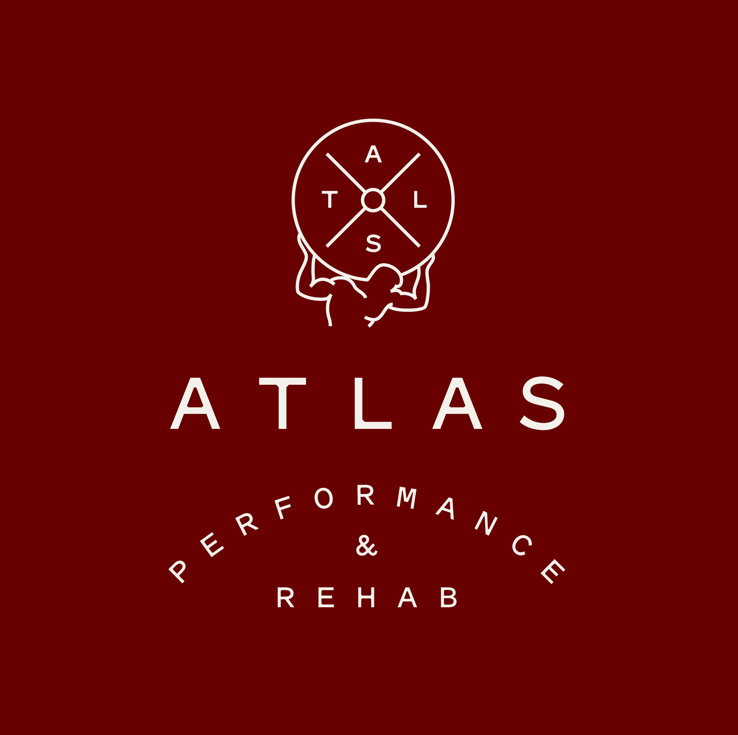 Logo for Atlas Performance & Rehab featuring a silhouette of a muscular person holding a clock with the letters A, T, L, A, S. The background is dark red with white text.