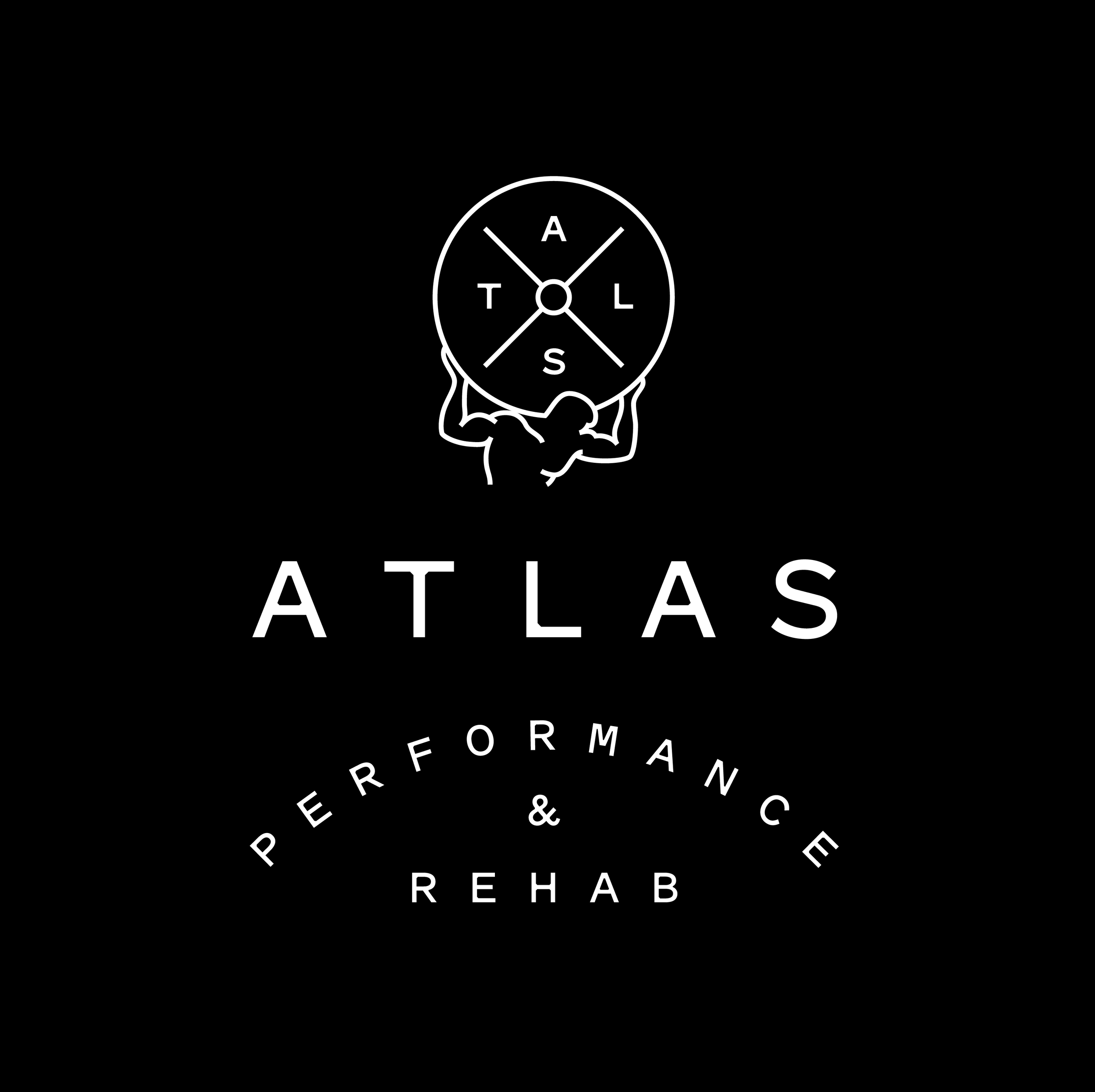 Black background with a white outline of a person lifting a weight with a globe on top, labeled with the letters A, T, L, A, S in a circle. Below the illustration, the text reads "ATLASE PERFORMACE & REHAB."