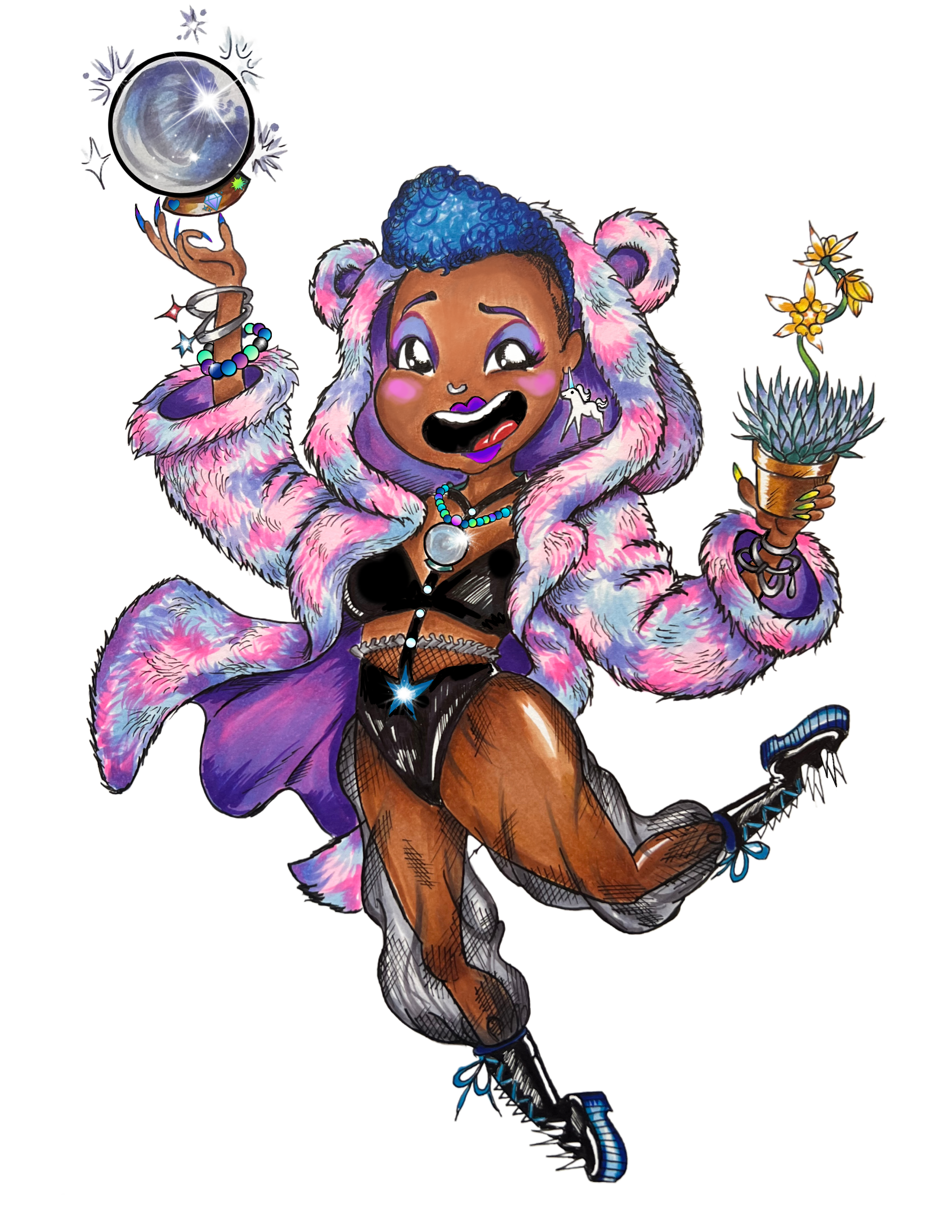 A cartoon character with dark skin, blue curly hair, and a fur coat with pink, purple, and blue hues, wearing black shorts, fishnet stockings, and roller skates. They are holding a crystal ball in one hand, which has stars and sparkles around it, and a potted plant with yellow flowers in the other. The character is smiling and has large, expressive eyes.