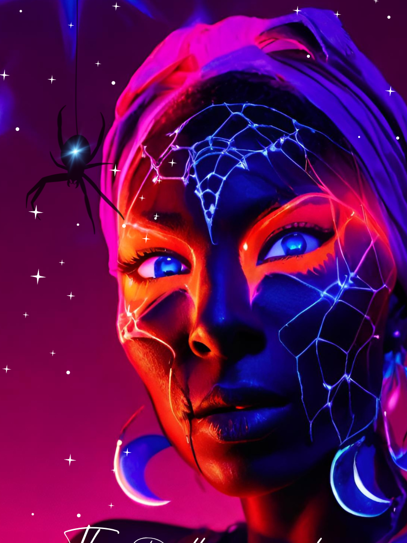 A digitally manipulated portrait of a woman with glowing blue eyes, vibrant face paint, and neon effects, with a spider and star decorations.