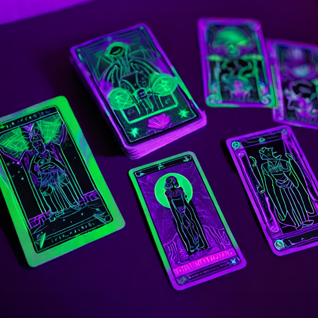 neon tarot cards on a purple background