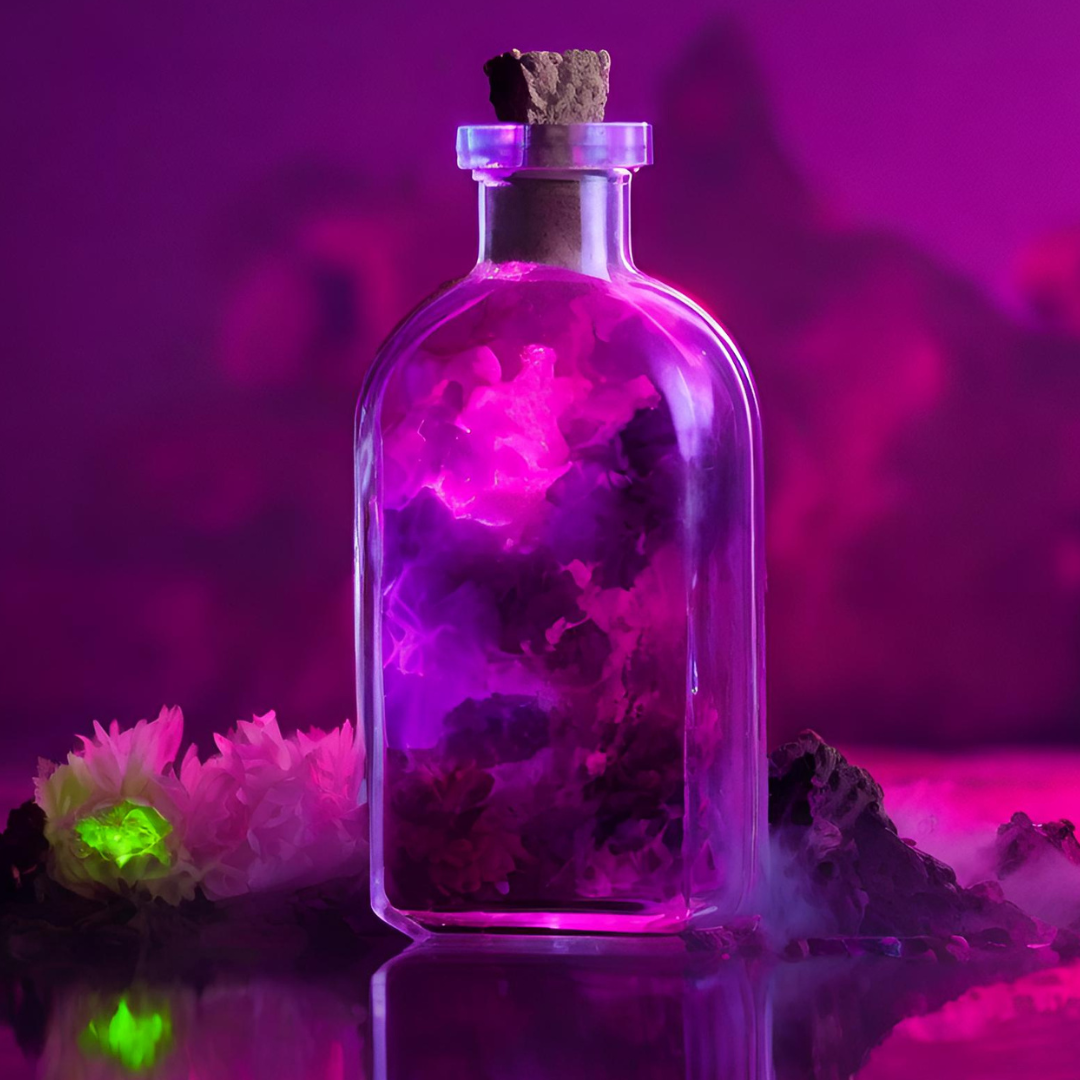 potion bottle against purple and pink background
