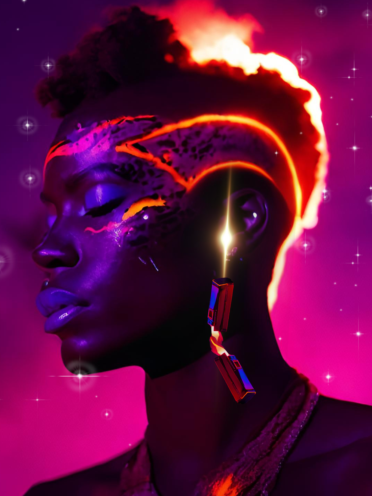 A digital art portrait of a woman with neon purple and pink lighting. Her head is turned to the side with closed eyes, and abstract, glowing, dripping patterns are seen on her face and head, resembling a digital or futuristic style. The background is pink with sparkles, and there is a USB flash drive hanging from her ear, connected by a glowing cable, with a cloud of dark smoke and fiery explosion in the background.
