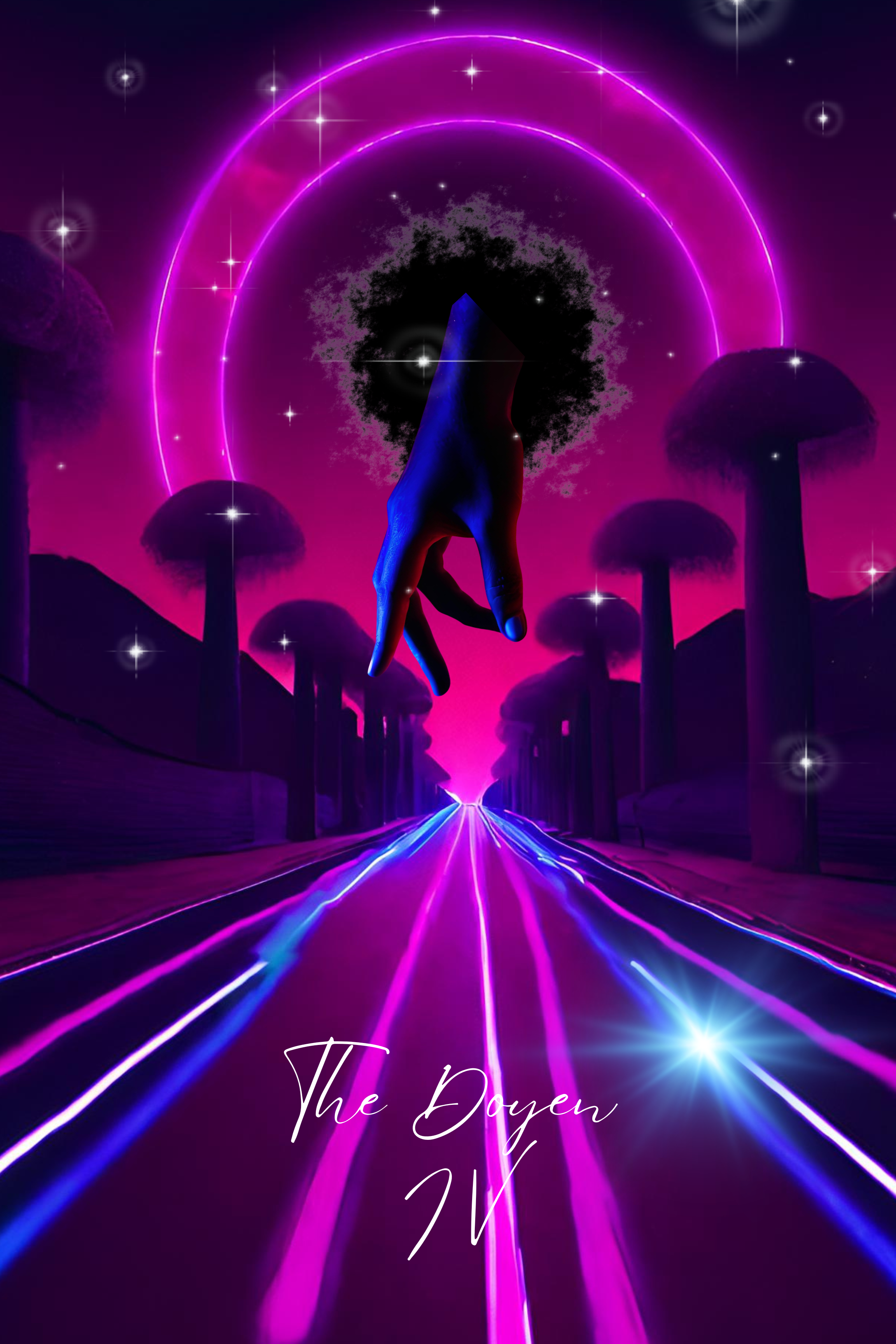 Futuristic digital artwork featuring a large hand with elongated fingers reaching out, surrounded by glowing neon pink and purple circular neon arcs and star-like sparkles against a dark purple background with mushroom-shaped structures. The words 'The Doyen' are written in cursive at the bottom.