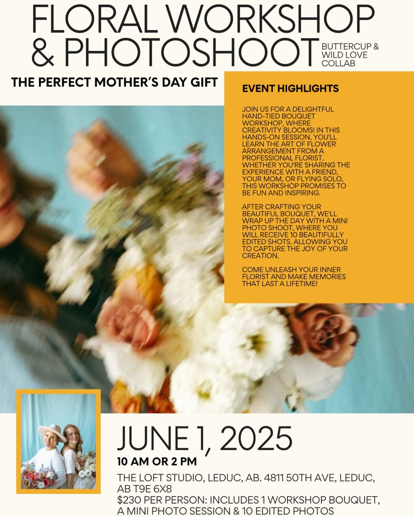 If flowers and photos are your thanggg, please come join us for a lovely day of connecting and creating with a friend, your momma or even just yourself! 🌸 

When:
- Sunday June 1st 
- time slots available are 10 am and 2 pm

Includes: 
- floral bouq