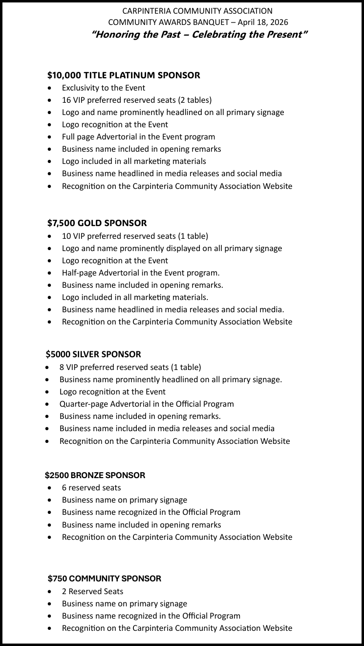 Details of sponsorship levels for the Carpinteria Community Association Awards Banquet, scheduled for April 18, 2026. The sponsorships include platinum, gold, silver, bronze, and community levels with different benefits and reserved seat quantities.