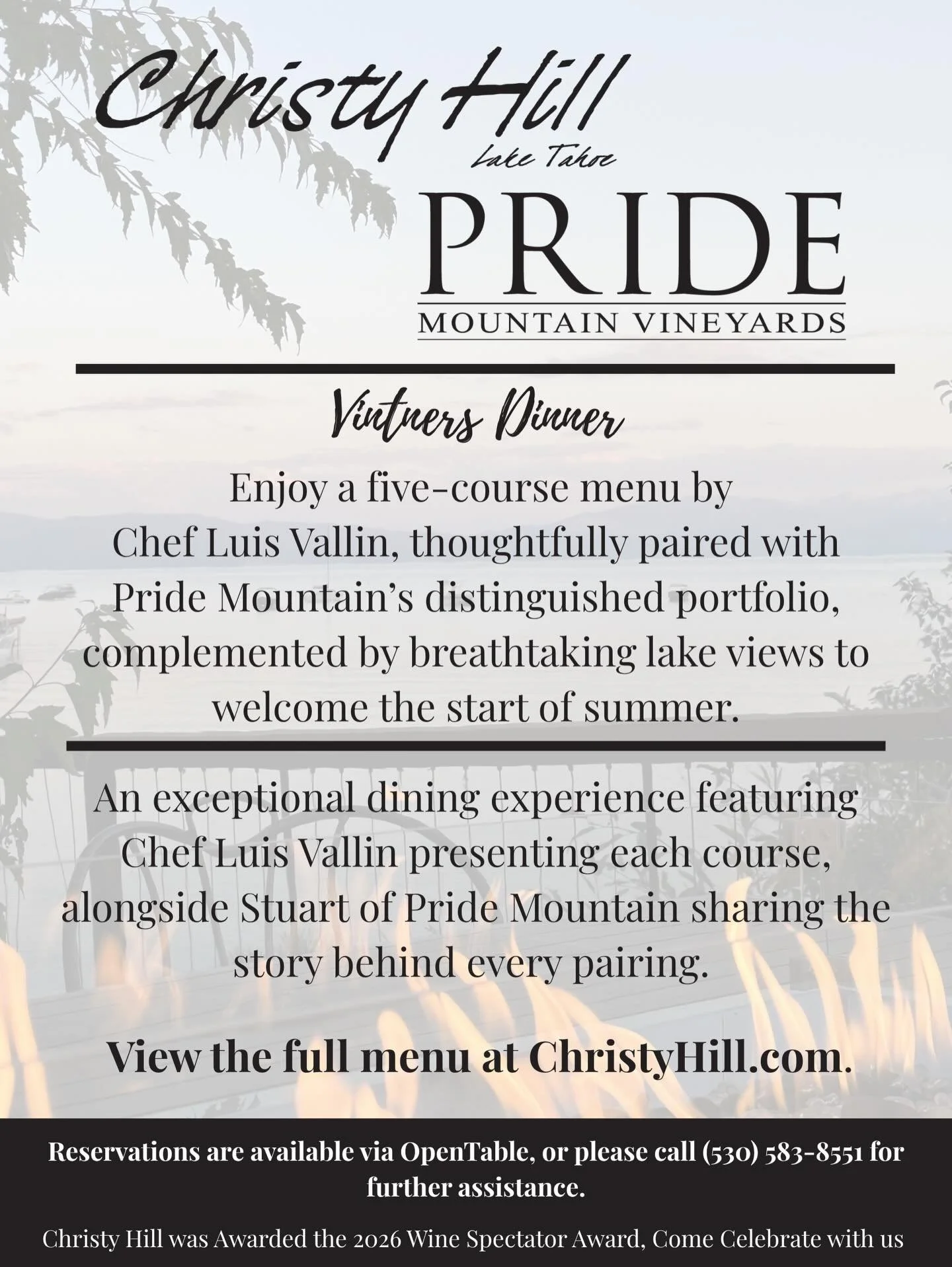 An evening worth toasting 🥂
We&rsquo;re teaming up with Pride Mountain Vineyards for a special wine dinner full of bold pours, seasonal dishes, and good company.
June 11th.
Seats are limited&mdash;reserve now on OpenTable.