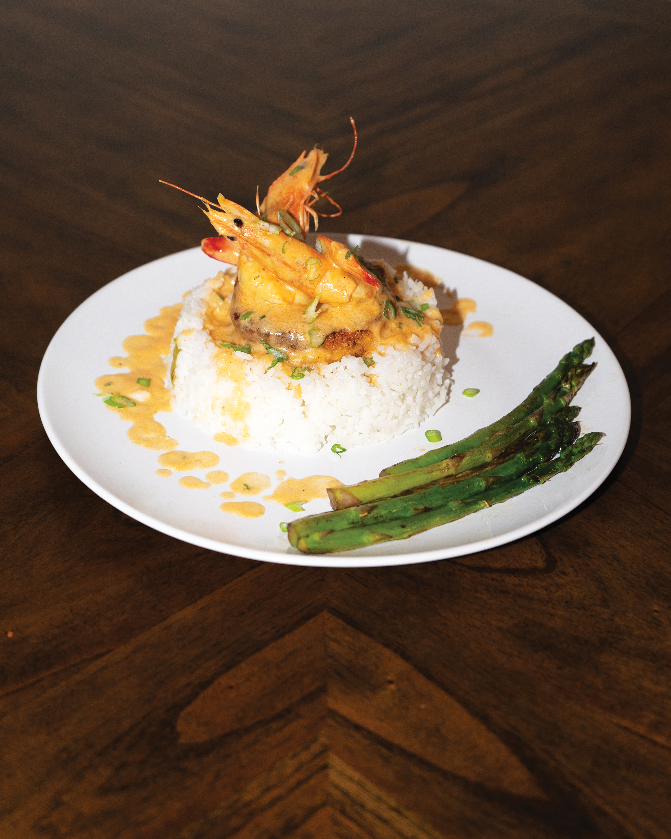 Shrimp, Coconut Rice,Over Salmon Croquette, Roasted  Asparagus