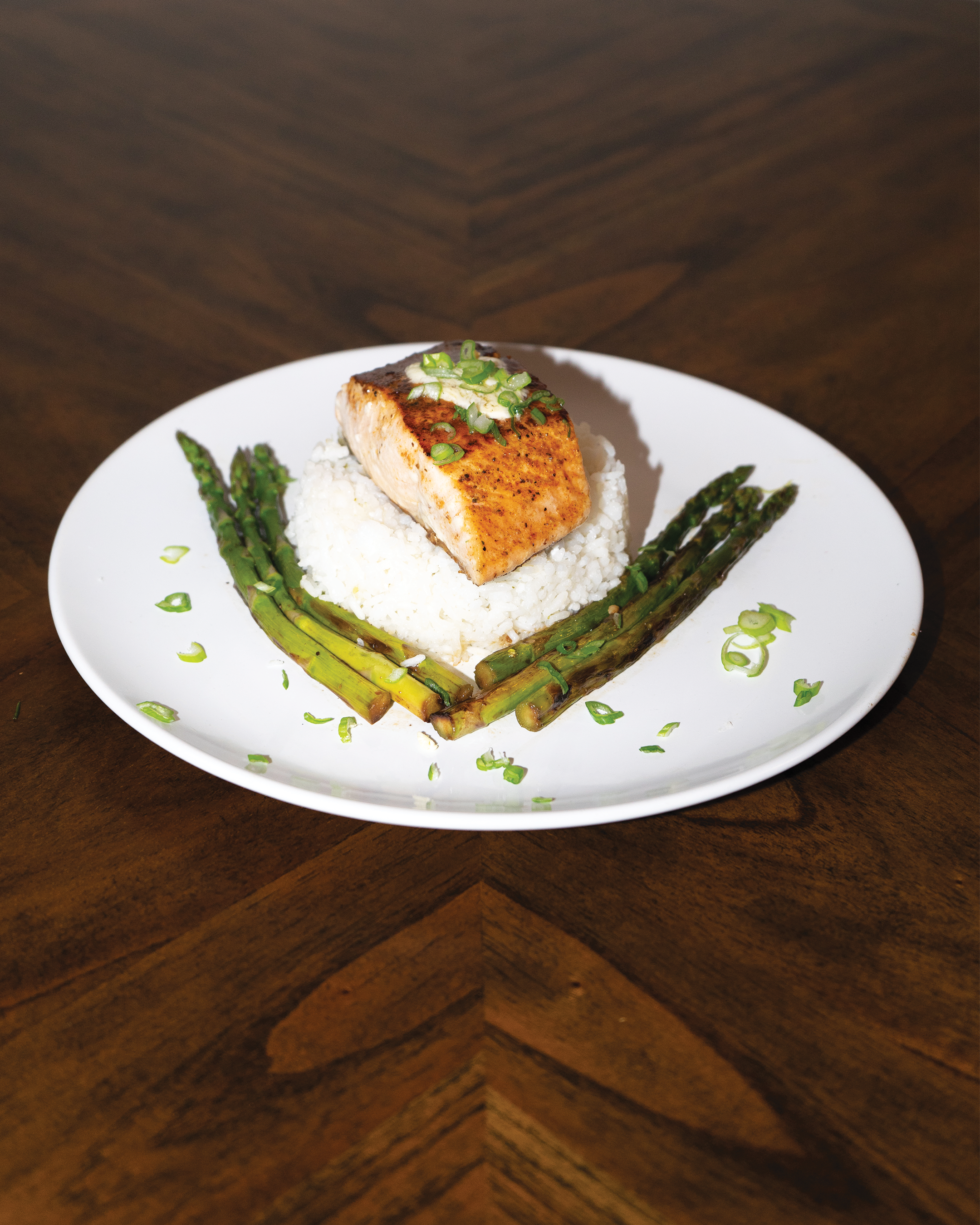 Grilled Salmon, Coconut Rice, Asparagus