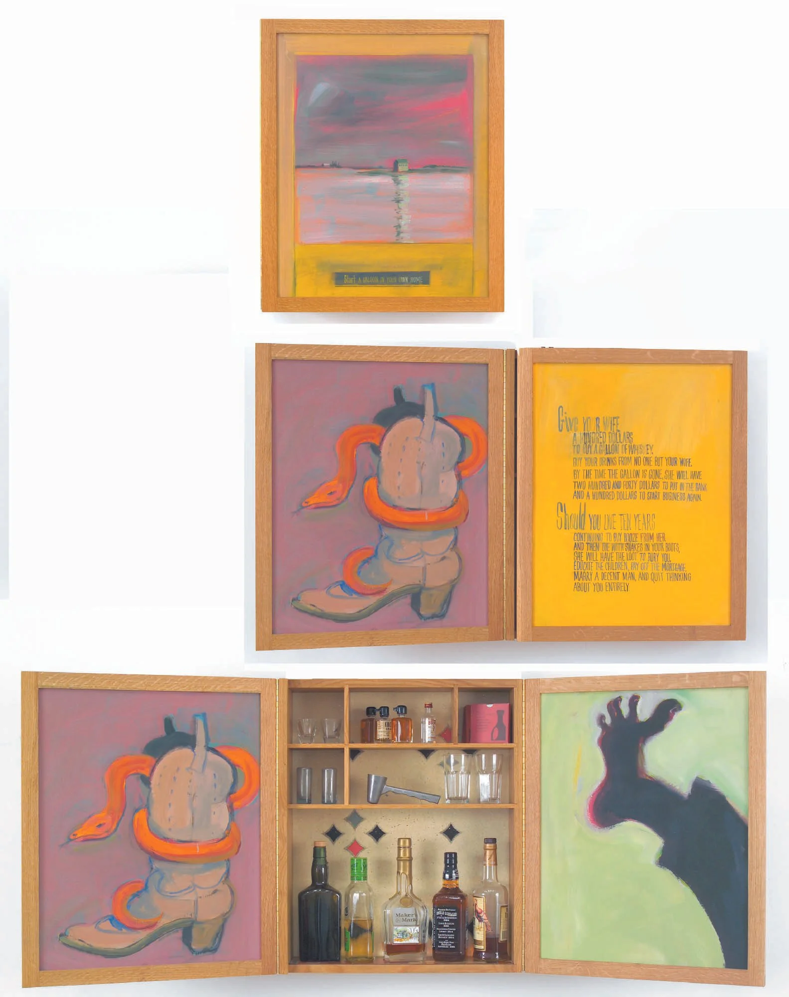 Start a Saloon, 2003, oil on wood panels with linoleum, 26 x 21.5 x 4 in. (closed)