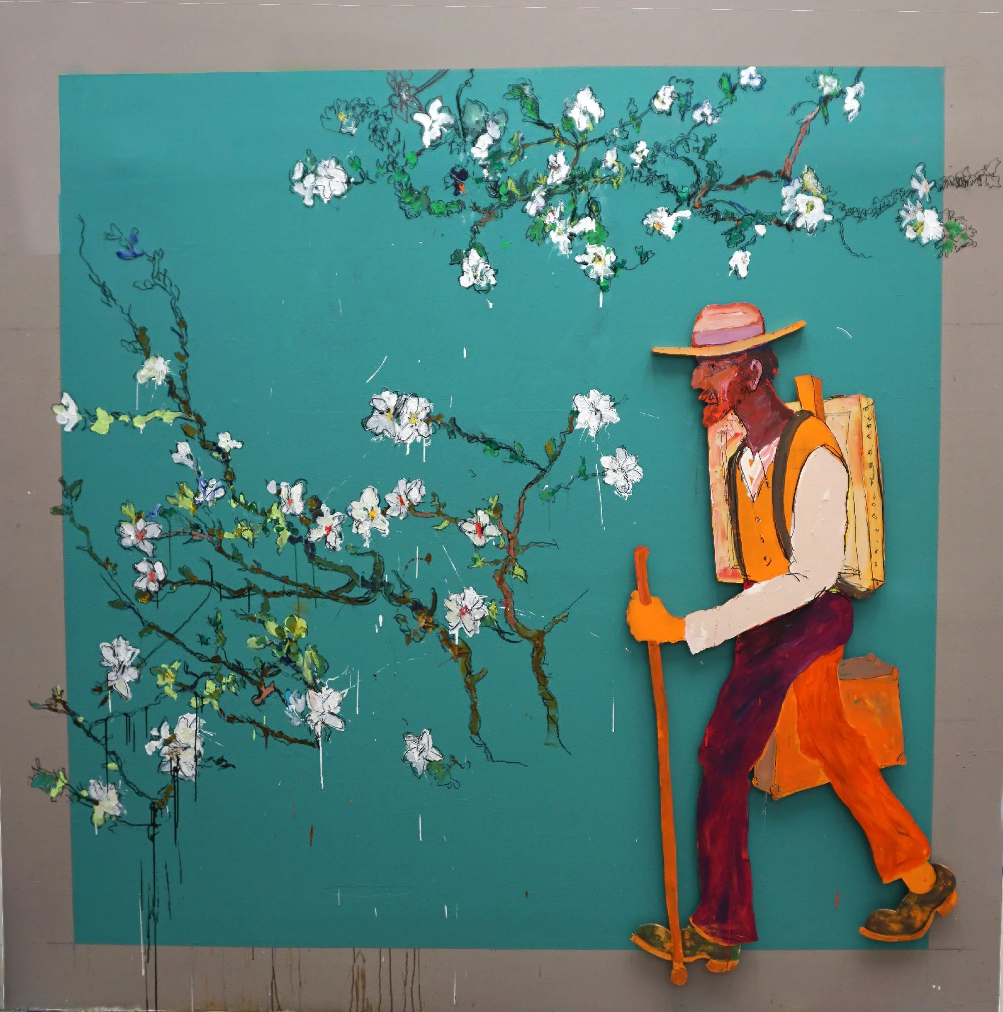 Annual Blossom Walk, 2016, oil and charcoal on plywood, 10 x 10 ft. 