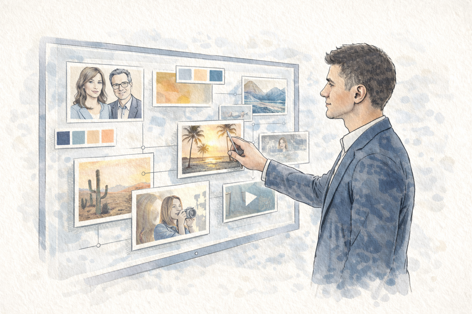 Watercolor scene of a photographer speaking into a mic as ideas flow to a laptop and into portrait retouching sliders.