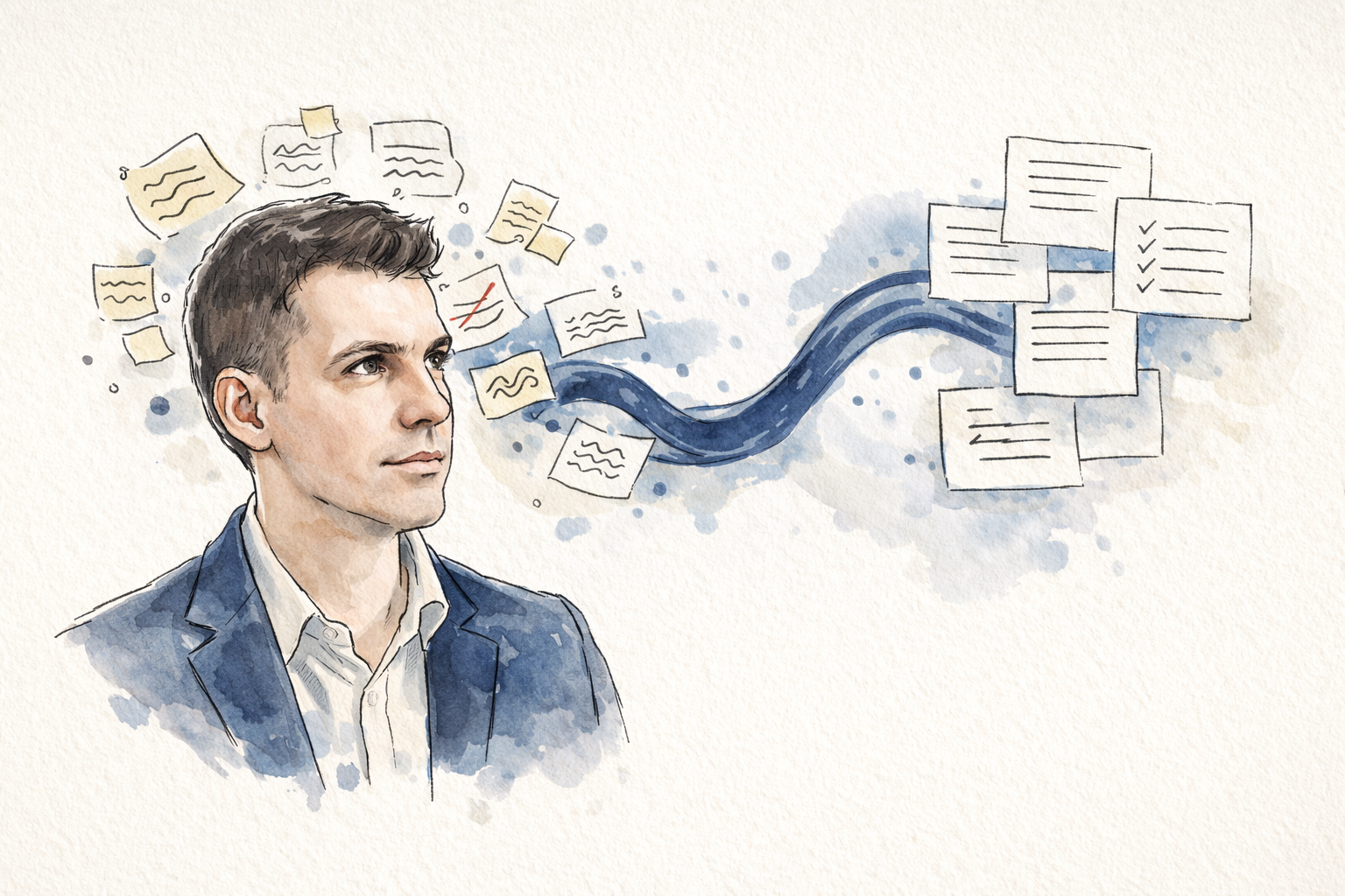 Editorial watercolor portrait with scattered notes transforming into organized pages, representing AI-assisted copywriting.