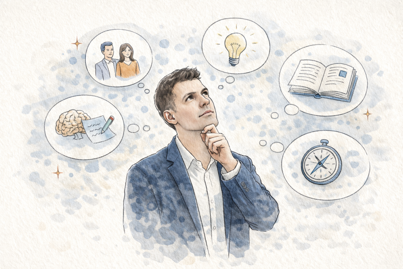 Watercolor illustration of a thoughtful photographer looking up, surrounded by idea bubbles like books, lightbulb, and planning symbols.