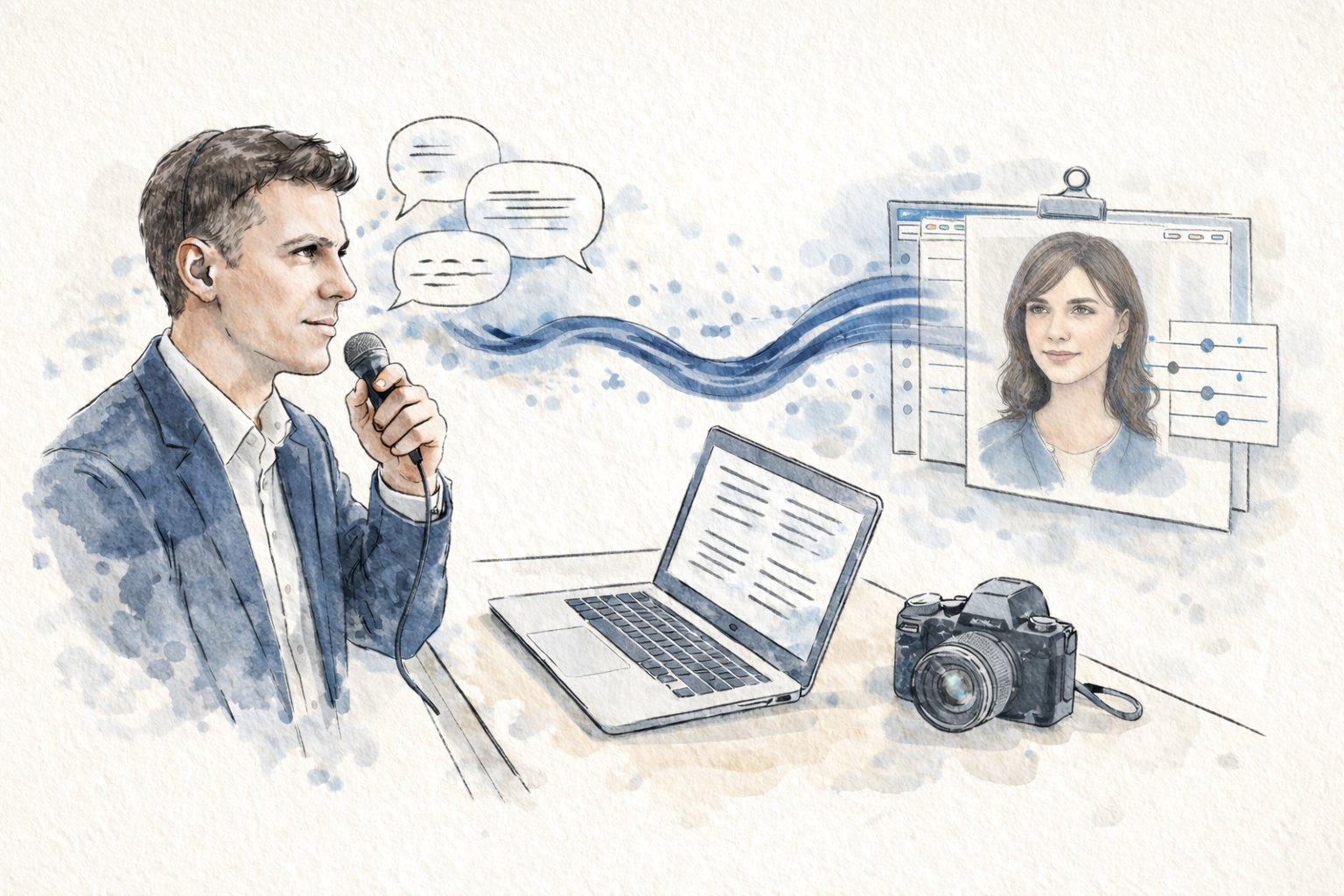 Watercolor illustration of a thoughtful photographer looking up, surrounded by idea bubbles like books, lightbulb, and planning symbols.