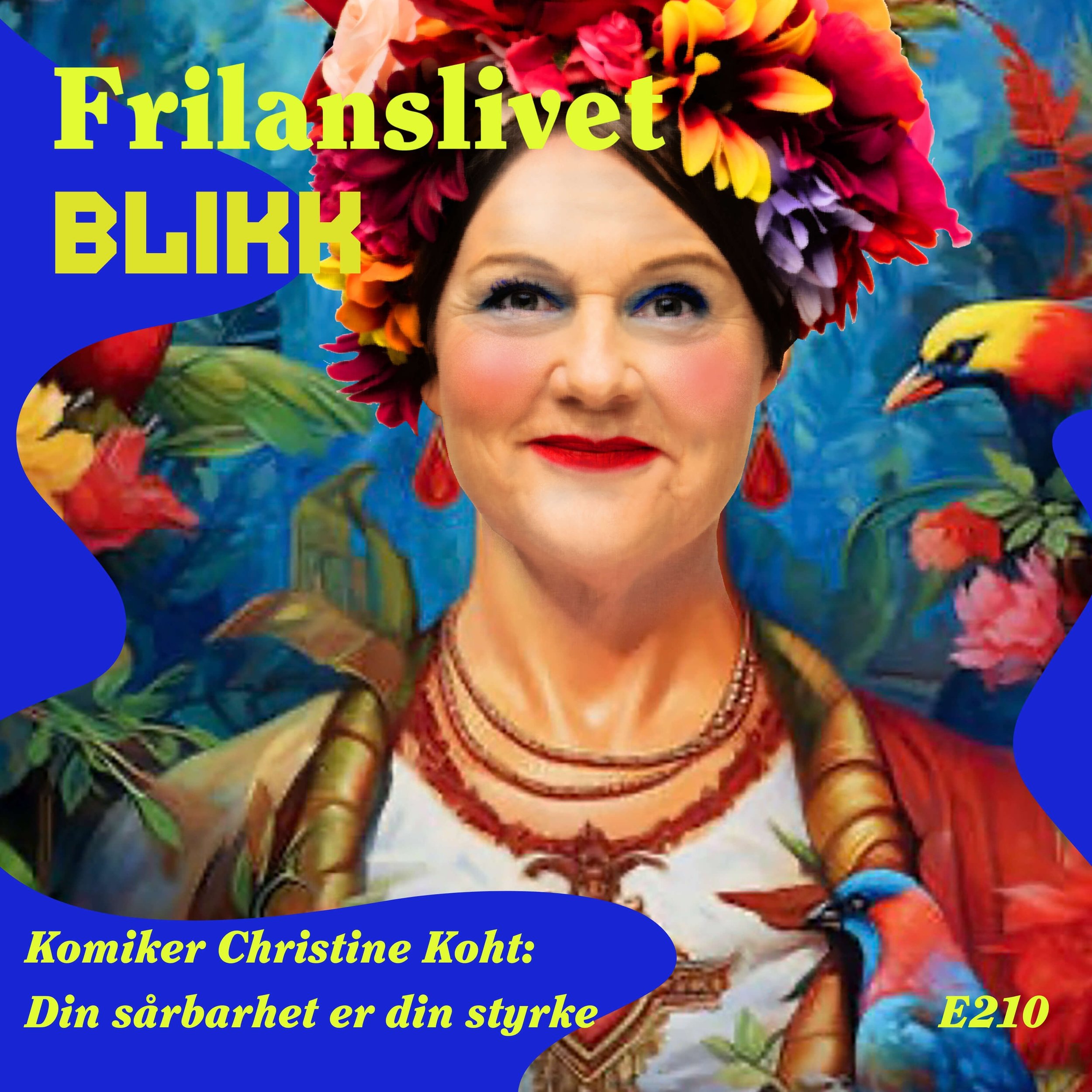 Fargerik motiv med en kvinne i et blomsterhode og fargerike papegøyer. Tekst i gult og blått med norsk beskrivelse.