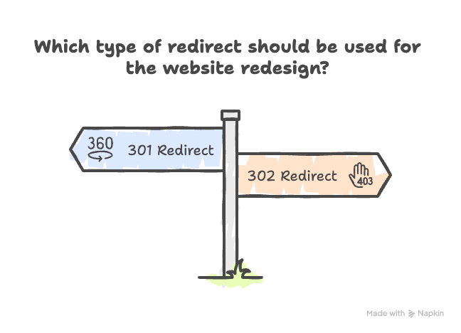 Graph explaining which type of URL redirect should be used for a website redesign.