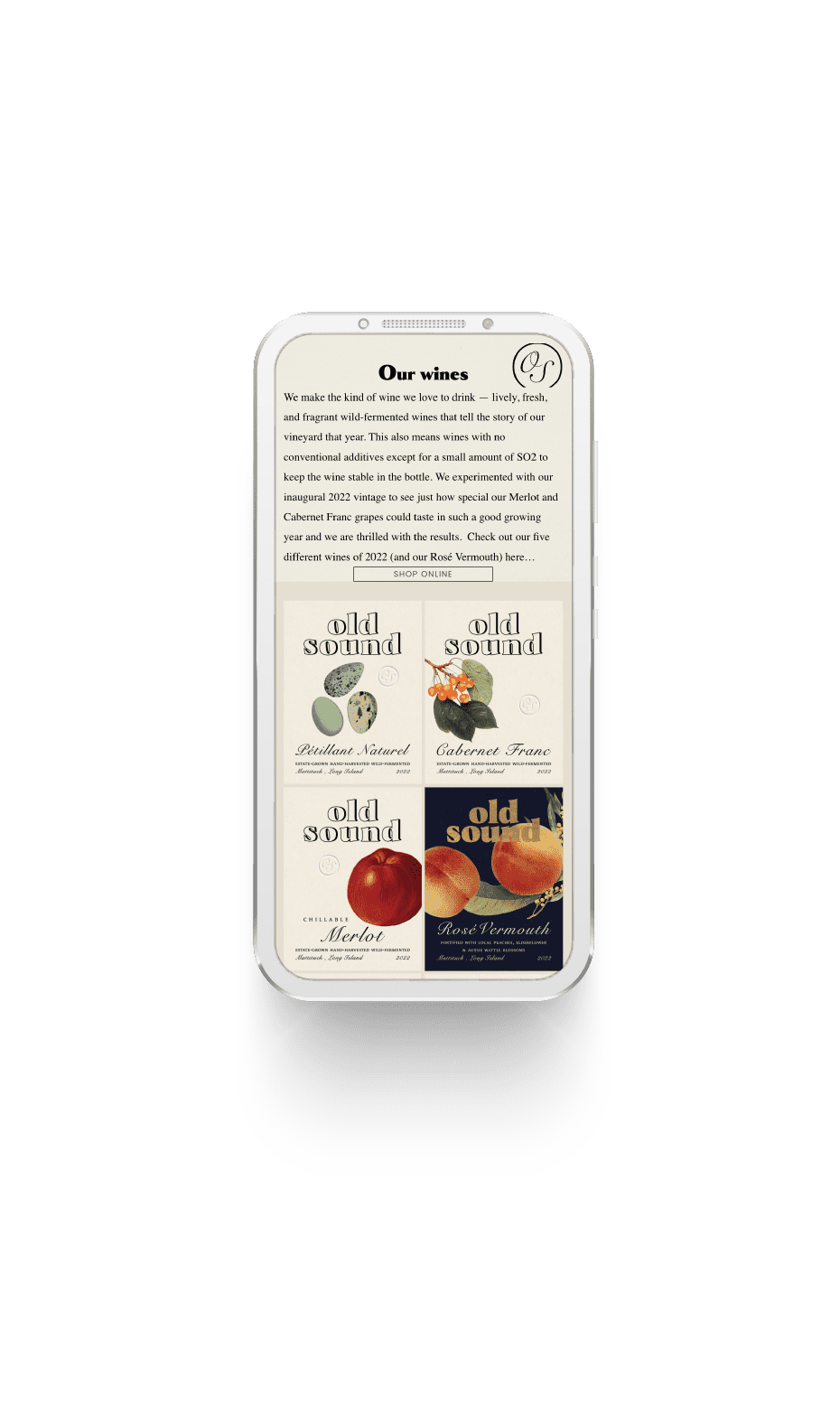 Mobile phone screen featuring wines menu