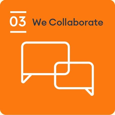 An orange background image with white speech bubble icons and black text that reads "03 We Collaborate".
