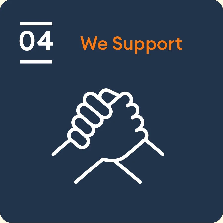 Graphic with a dark blue background, white outlined hand with another hand gripping in a handshake, and text indicating support.