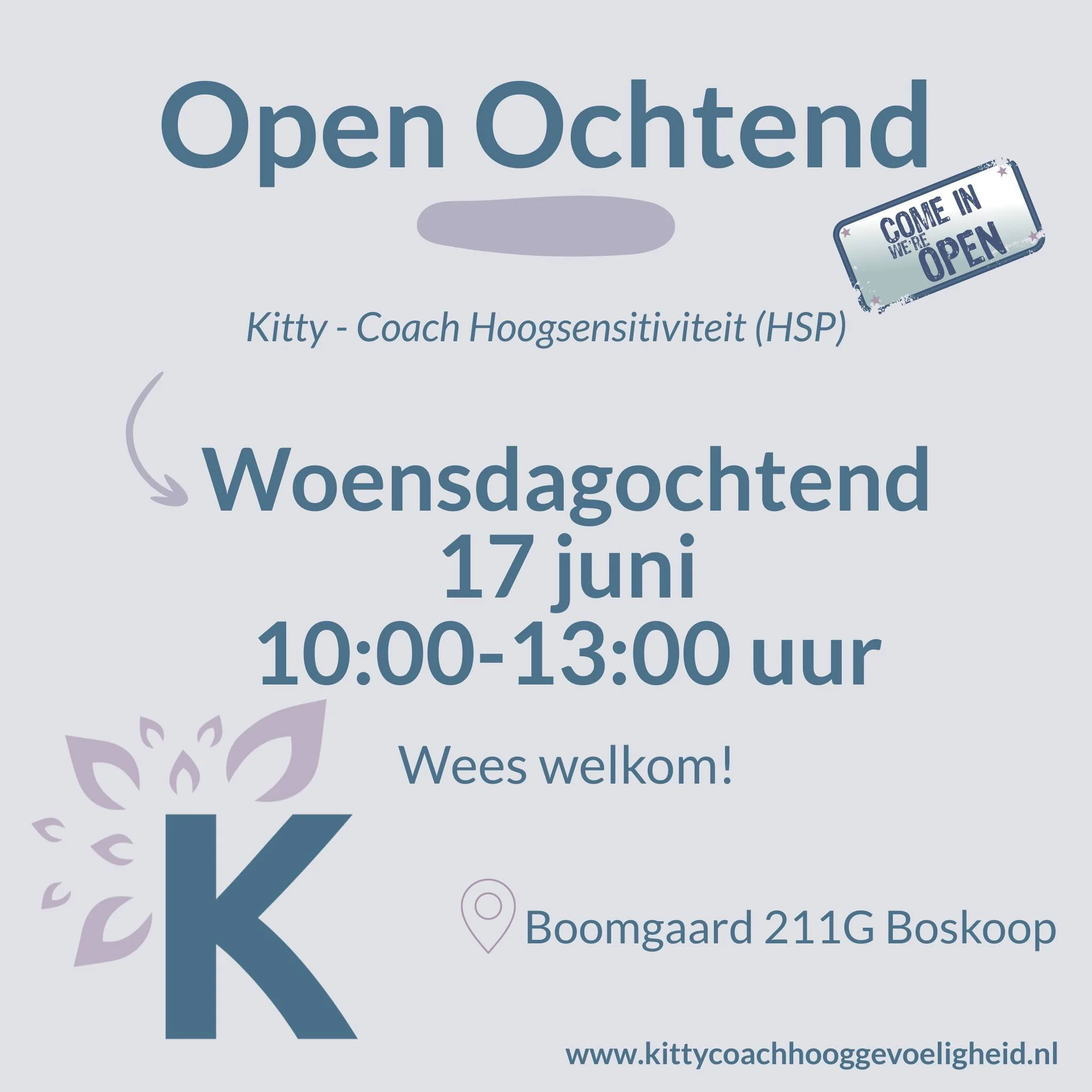Loop op woensdagochtend 17 juni gerust even binnen en maak kennis met hoogsensitiviteit! 🧠

Iedereen is welkom. Stel gerust al je vragen of kom alleen even om de hoek kijken.

☕Koffie, thee en wat lekkers staan voor je klaar. 

Vanwege de Week van d