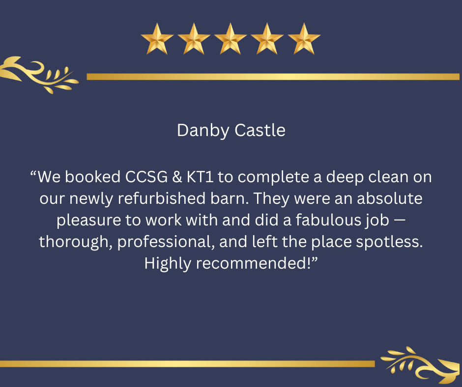 Testimonial card with five gold stars at the top, gold decorative accents in the corners, and a navy background. It features the name Danby Castle and a positive customer review about cleaning services.