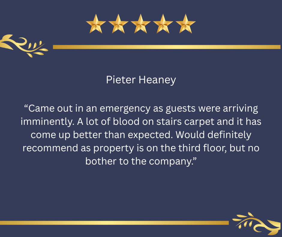 Testimonial quote with five gold stars, gold decorative accents on a navy background, and the name Pieter Heaney. The quote discusses an emergency involving blood on stairs and carpet, mentioning property on the third floor.