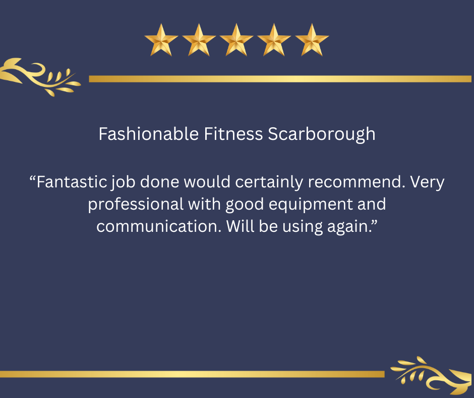 Customer review for a fitness service, five gold stars, decorative gold elements, navy background.
