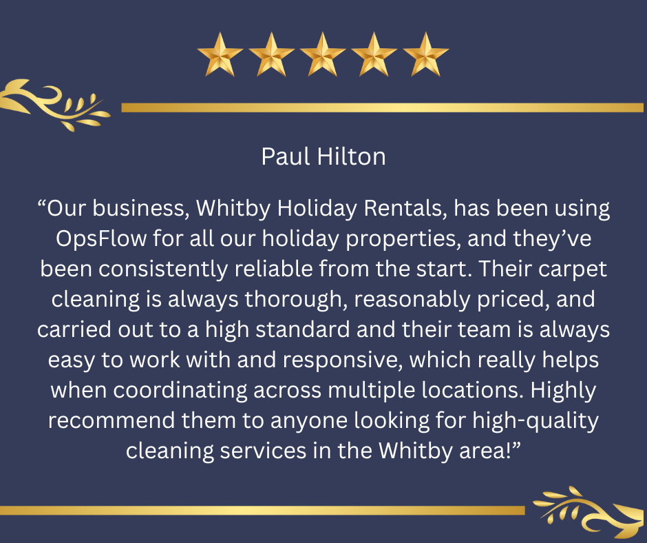 Customer review testimonial with five gold stars on a navy background, featuring decorative gold flourishes and a gold horizontal line