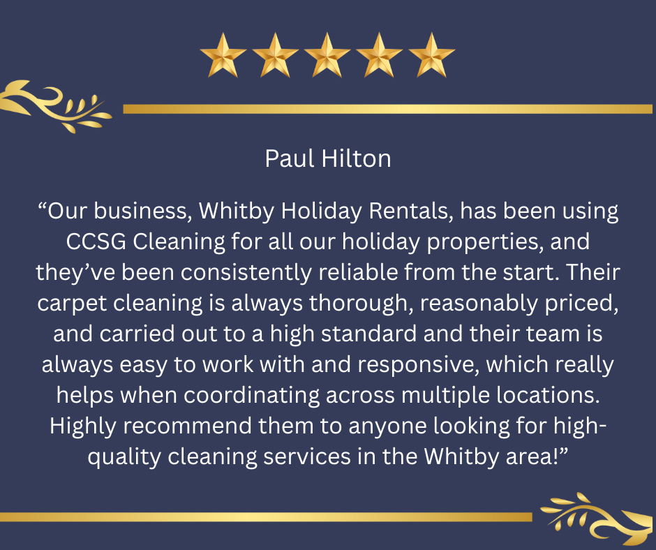 Customer review testimonial with five gold stars on a navy background, featuring decorative gold flourishes and a gold horizontal line