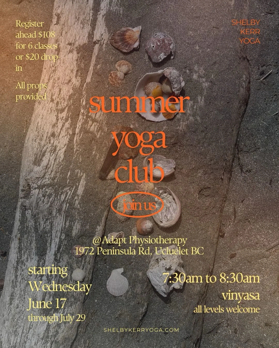 Get excited because I am!
Ukee (and Tofino) Summer yoga club is here and I&rsquo;m so excited to offer you all yoga classes this summer.
There is limited space so I encourage to pre register but drop ins are welcome! 
Dm me if you have any questions 