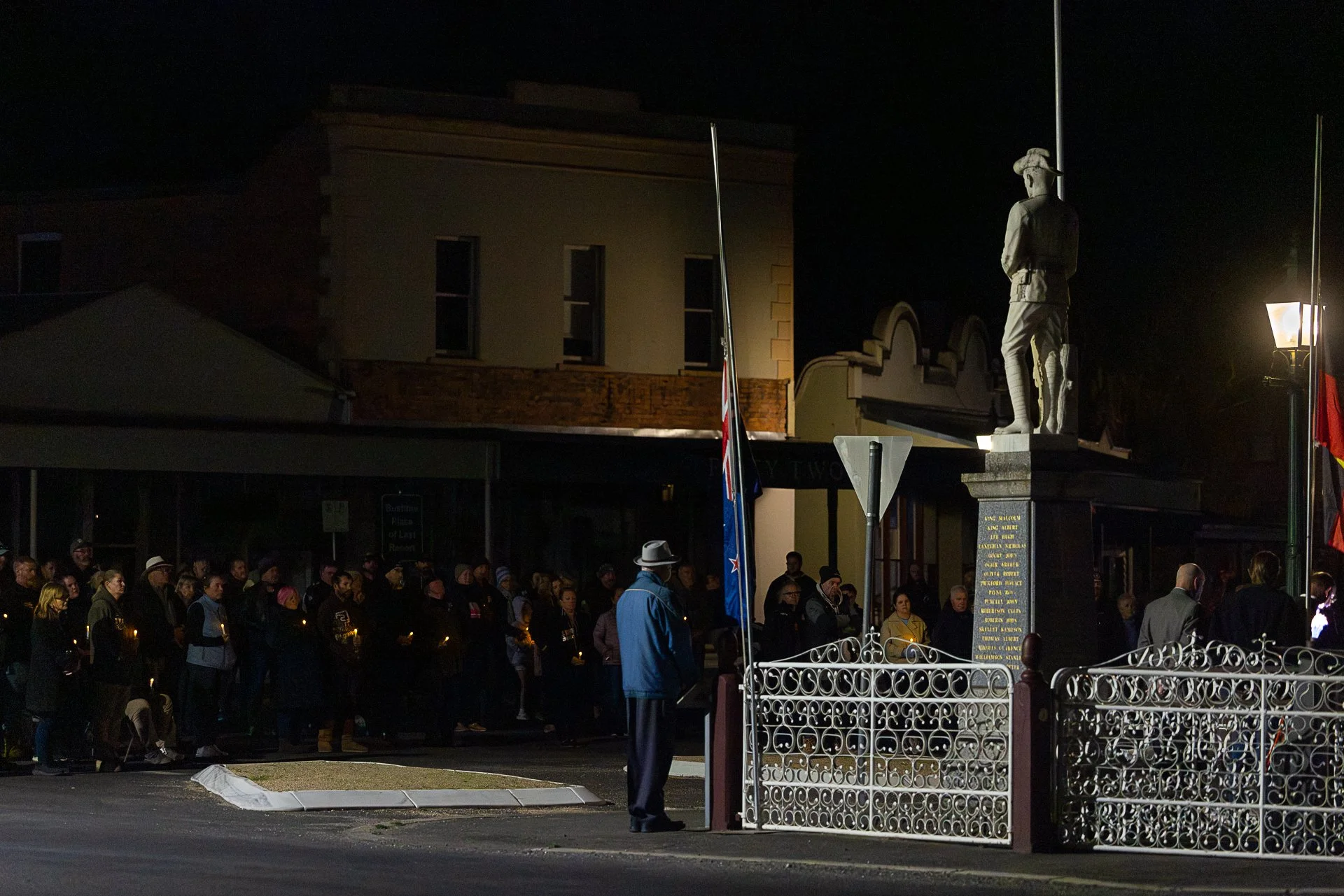 The Clunes War Memorial with crowds gathering for the 2026 Anzac Day Dawn Service Clunes, Victoria.