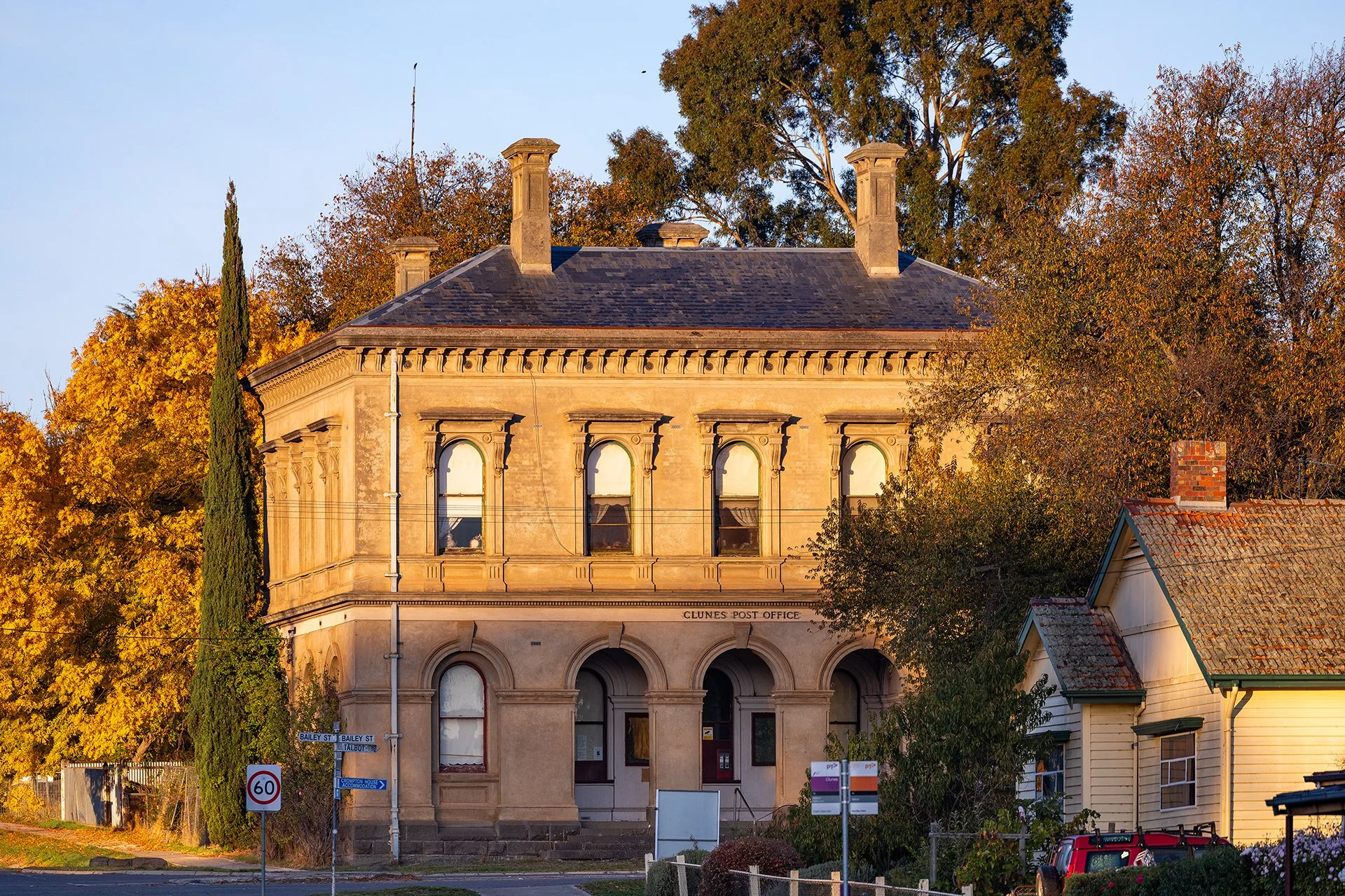 Historic Clunes Post Office on Fraser Street photographed during summer in Clunes, Victoria.